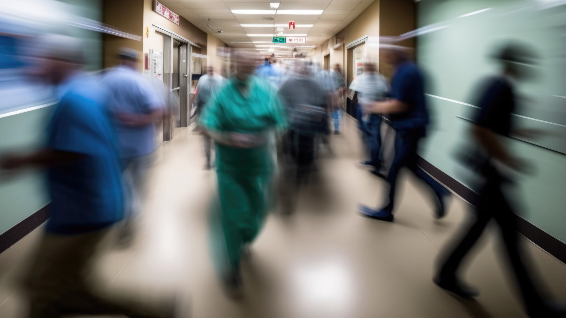 Medical workers moving through hallway