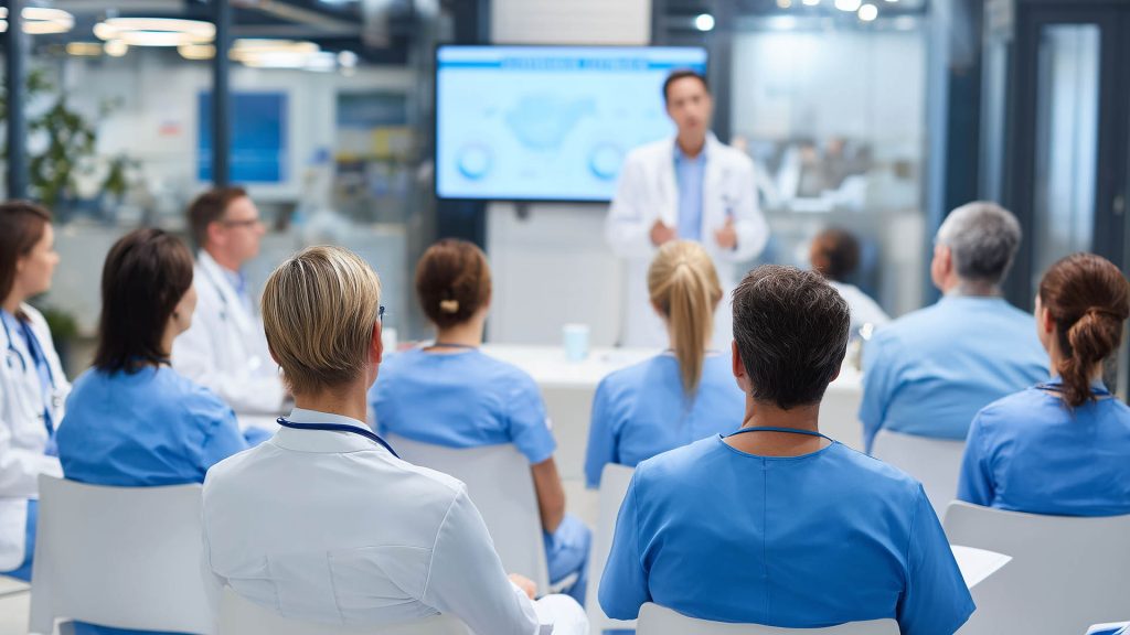 Group of doctors attending seminar in hospital lecture hall with
